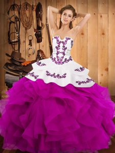 Shining Strapless Sleeveless Lace Up Ball Gown Prom Dress Fuchsia Satin and Organza