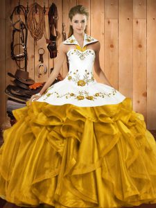Floor Length Gold Quinceanera Gown Satin and Organza Sleeveless Embroidery and Ruffles