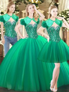 Low Price Sweetheart Sleeveless Quinceanera Gown Floor Length Beading Green Tulle