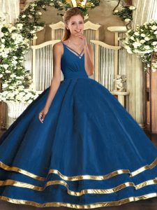 Custom Designed Floor Length Ball Gowns Sleeveless Blue Ball Gown Prom Dress Backless