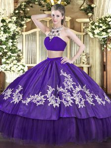 Purple Two Pieces Beading and Appliques Quinceanera Gowns Backless Tulle Sleeveless Floor Length