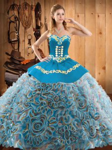 Customized Multi-color Lace Up Quinceanera Gown Embroidery Sleeveless With Train Sweep Train