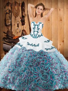 Multi-color Satin and Fabric With Rolling Flowers Lace Up Sweet 16 Quinceanera Dress Sleeveless With Train Sweep Train Embroidery