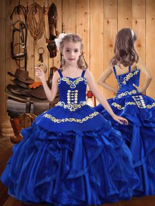 Sleeveless Organza Floor Length Lace Up Little Girl Pageant Gowns in Royal Blue with Embroidery and Ruffles