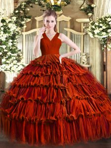 Sweet Rust Red V-neck Zipper Ruffled Layers Ball Gown Prom Dress Sleeveless