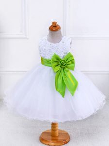 New Style White Sleeveless Bowknot Knee Length Little Girls Pageant Dress