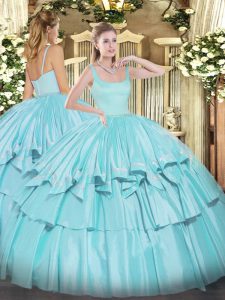 Sexy Aqua Blue Straps Neckline Beading and Ruffled Layers Quinceanera Gowns Sleeveless Zipper