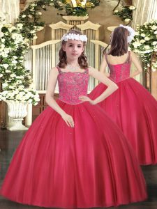 Floor Length Lace Up Little Girls Pageant Dress Wholesale Coral Red for Party and Sweet 16 and Quinceanera and Wedding Party with Beading