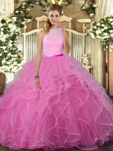 Customized Sleeveless Tulle Floor Length Backless Quinceanera Gown in Rose Pink with Ruffles