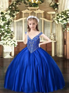 Sweet Royal Blue Ball Gowns Beading Pageant Gowns Lace Up Satin Sleeveless Floor Length