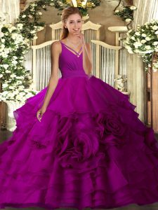Customized Purple Fabric With Rolling Flowers Backless V-neck Sleeveless Floor Length Ball Gown Prom Dress Ruching