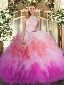 Multi-color Ball Gowns Ruffles 15th Birthday Dress Backless Tulle Sleeveless Floor Length