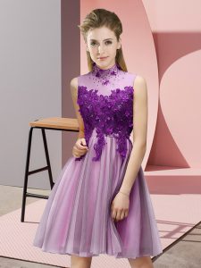 Elegant Knee Length Lace Up Dama Dress for Quinceanera Lilac for Prom and Party and Wedding Party with Appliques