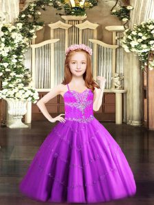 Fuchsia Ball Gowns Tulle Spaghetti Straps Sleeveless Beading Floor Length Lace Up Evening Gowns