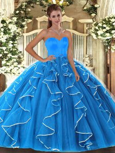 Baby Blue Sweetheart Lace Up Beading and Ruffles Quince Ball Gowns Sleeveless