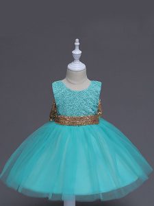 Sleeveless Knee Length Lace and Bowknot Zipper Little Girls Pageant Dress Wholesale with Aqua Blue