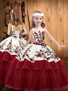 High Quality Floor Length Wine Red Little Girls Pageant Gowns Organza Sleeveless Embroidery