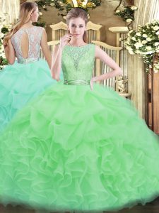 Custom Made Ball Gowns Lace and Ruffles 15th Birthday Dress Backless Organza Sleeveless Floor Length