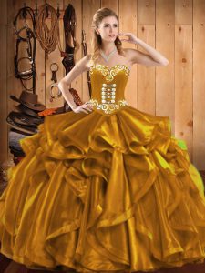 Adorable Sleeveless Floor Length Embroidery and Ruffles Lace Up 15th Birthday Dress with Gold