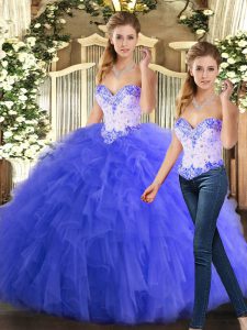Blue Lace Up Sweetheart Beading and Ruffles Quinceanera Gowns Organza Sleeveless