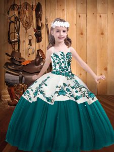 Sleeveless Tulle Floor Length Lace Up Little Girls Pageant Dress Wholesale in Teal with Embroidery