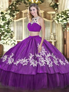 Colorful Floor Length Two Pieces Sleeveless Purple Sweet 16 Dress Backless