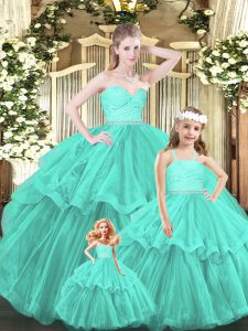 Top Selling Aqua Blue Sleeveless Lace and Ruffled Layers Floor Length 15 Quinceanera Dress