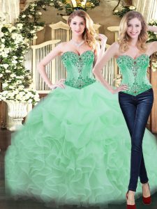 Trendy Apple Green Organza Lace Up Sweetheart Sleeveless Floor Length 15th Birthday Dress Ruffles