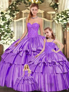Custom Designed Eggplant Purple Organza Lace Up Sweet 16 Dresses Sleeveless Floor Length Beading and Ruffled Layers