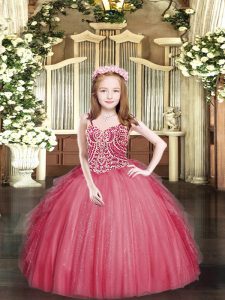 Floor Length Coral Red Glitz Pageant Dress Tulle Sleeveless Beading and Ruffles