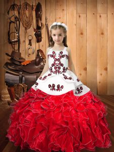Red Ball Gowns Organza Straps Sleeveless Embroidery and Ruffles Floor Length Lace Up Child Pageant Dress