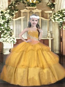 Gold Pageant Dress Womens Party and Sweet 16 and Quinceanera and Wedding Party with Beading and Ruffled Layers and Sequins Straps Sleeveless Lace Up