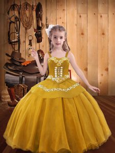 Embroidery Pageant Gowns For Girls Gold Lace Up Sleeveless Floor Length