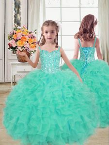 Turquoise Ball Gowns Straps Sleeveless Organza Floor Length Lace Up Beading and Ruffles Little Girl Pageant Gowns