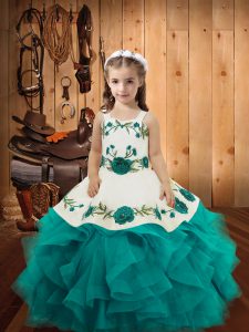 Customized Straps Sleeveless Glitz Pageant Dress Floor Length Embroidery and Ruffles Teal Tulle