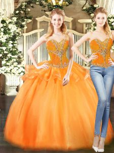 Nice Orange Red Sweetheart Lace Up Beading and Ruffles Quince Ball Gowns Sleeveless