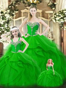 Deluxe Green Organza Lace Up Quinceanera Dresses Sleeveless Floor Length Beading and Ruffles
