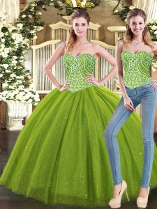 Suitable Floor Length Lace Up Quinceanera Dresses Olive Green for Military Ball and Sweet 16 and Quinceanera with Beading