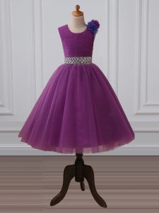 Charming Purple Sleeveless Beading and Hand Made Flower Tea Length Little Girl Pageant Gowns
