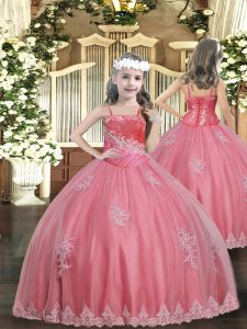 On Sale Watermelon Red High School Pageant Dress Party and Sweet 16 and Quinceanera and Wedding Party with Appliques Straps Sleeveless Lace Up