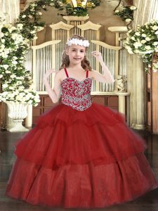 Wine Red Pageant Dress for Girls Party and Quinceanera with Beading and Ruffled Layers Straps Sleeveless Lace Up