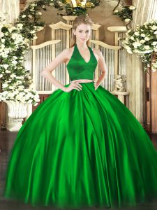 Perfect Green Quinceanera Dress Military Ball and Sweet 16 and Quinceanera with Ruching Halter Top Sleeveless Zipper