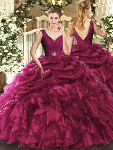 Sleeveless Organza Floor Length Backless Quince Ball Gowns in Burgundy with Beading and Ruffles