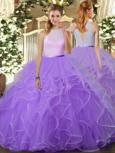 Sleeveless Floor Length Ruffles Backless Quinceanera Gowns with Lavender