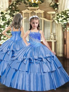Baby Blue Sleeveless Floor Length Beading and Ruffled Layers Lace Up Winning Pageant Gowns