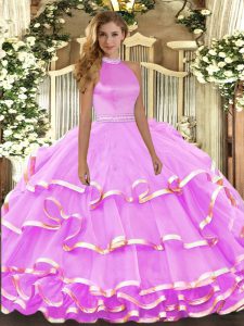 Floor Length Backless Quinceanera Dress Lilac for Military Ball and Sweet 16 and Quinceanera with Beading and Ruffled Layers