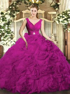 Dramatic Floor Length Backless Quinceanera Dress Fuchsia for Military Ball and Sweet 16 and Quinceanera with Beading and Ruching