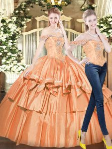 Orange Red Quinceanera Gowns Military Ball and Sweet 16 and Quinceanera with Beading and Ruffled Layers Off The Shoulder Sleeveless Lace Up