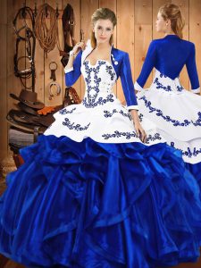 Strapless Sleeveless Sweet 16 Quinceanera Dress Floor Length Embroidery and Ruffles Blue Satin and Organza