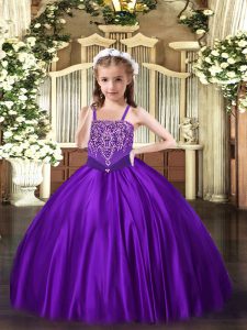 Ball Gowns Pageant Dress Toddler Purple Straps Satin Sleeveless Floor Length Lace Up